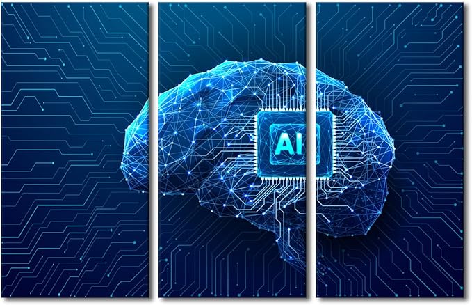3 Panels Canvas Wall Art Chip Integral Painting Prints on Canvas Wall Art Technology Brain Pictures Giclee Artwork for Home Walls Technology Posters Gallery-wrapped Framed Ready to Hang, 60"Wx40"H
