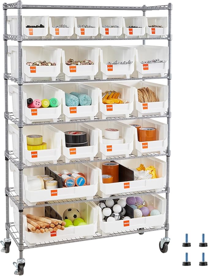 VEVOR 7-Tier Rolling Bin Storage Rack, 22 Organizer Bins, Bin Rack Storage Steel Wire Shelving System with Wheels, Mobile Tool Organizer for Garage, Warehouse, Office, Restaurant, Classroom, Kitchen