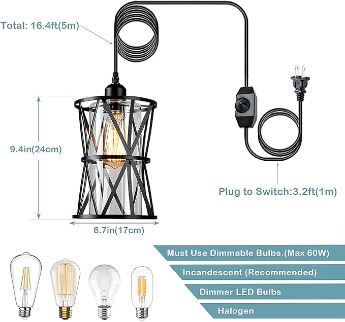 HMVPL Farmhouse Plug in Pendant Light, Outdoor Swag Lamp with Plug in Cord On/Off Dimmer, Plug in Hanging Light Fixture for Dining Room Bedroom Kitchen Island(1 Pack)