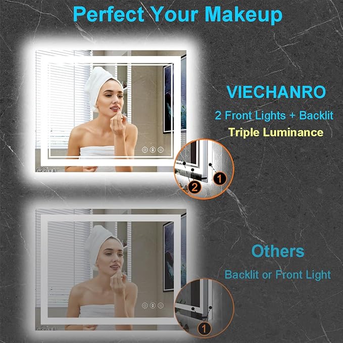 48x40 Light Up Bathroom Mirror, Rectangular LED Bathroom Vanity Mirror for Wall with Backlit & 2 Front Lights Triple Brightness, Dimmable 3 Colors, Anti-Fog and Memory Function for Restroom, Bedroom