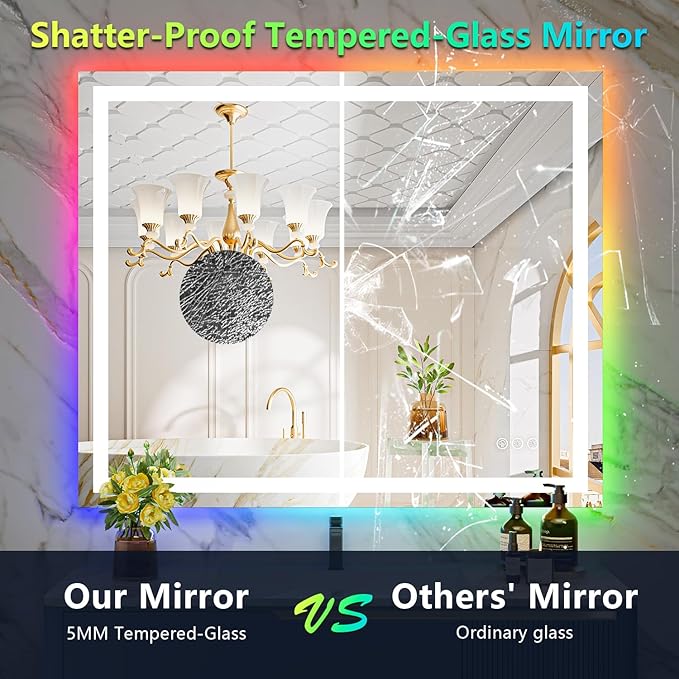 44x30 Inch RGB LED Bathroom Mirror Front Light and RGB Backlit Lighted Vanity Mirror for Bathroom Wall Mounted Dimmable Anti Fog Memory Shatter-Proof IP54 Waterproof Horizontal/Vertical