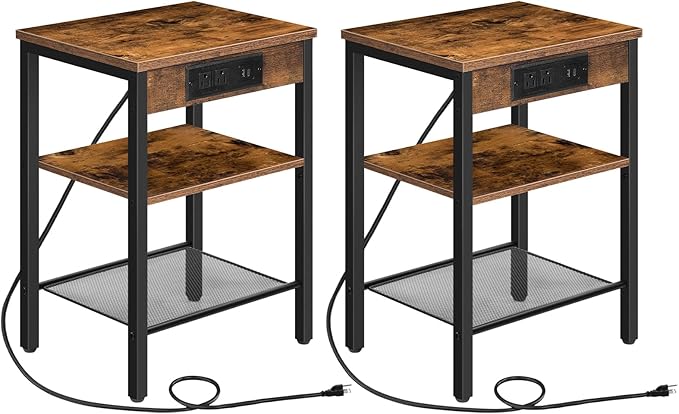 HOOBRO End Tables Set of 2 with Charging Station and USB Port, 3-Tier Nightstands with Adjustable Shelf, Small Side Tables for Small Space in Living Room, Bedroom, Rustic Brown BF112BZP201