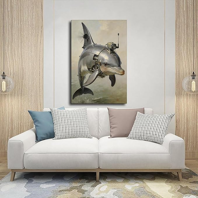 Framed Steampunk Mechanical Dolphin Wall Art - Marine Retro-Futuristic Poster for Beach House Living Room Decor 24x36inch(60x90cm)