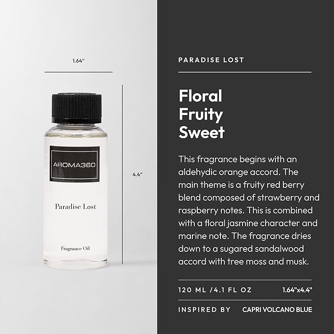 Aroma360 Diffuser Oil - Paradise Lost - Aromatherapy Essential Fragrance Oil - Orange, Raspberry & Marine -120ML 4.1 Fl oz