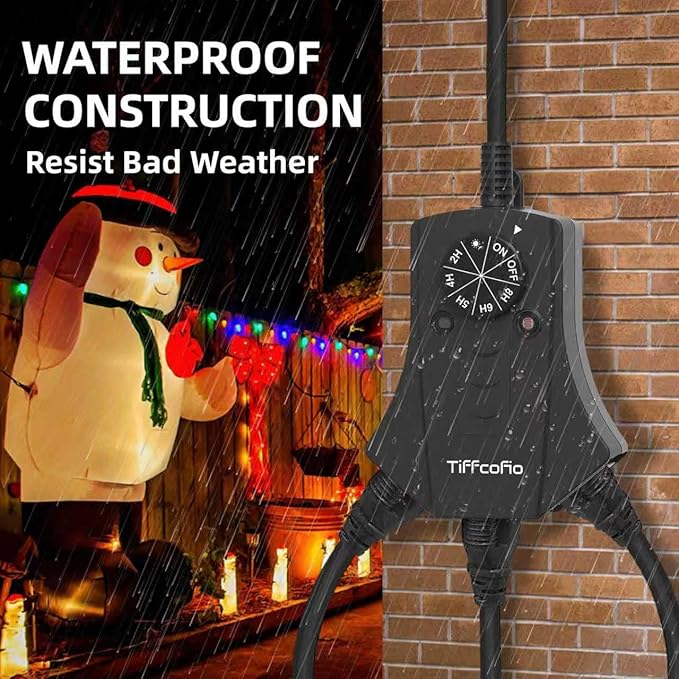 TiFFCOFiO Outdoor Timer Outlet, Dusk to Dawn Light Sensor Timer Weatherproof, 3 Grounded Outlets for Halloween and Christmas Lights, 15A 1/2HP, ETL Listed