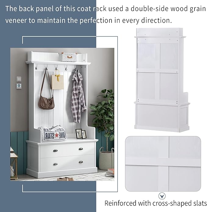 Retro 38.5" Wide Hallway Hall Tree with Coat Rack and 2 Large Drawers,Bench,5 Metal Hooks and Metal Handles,For Entrance Furniture Use (White#c)