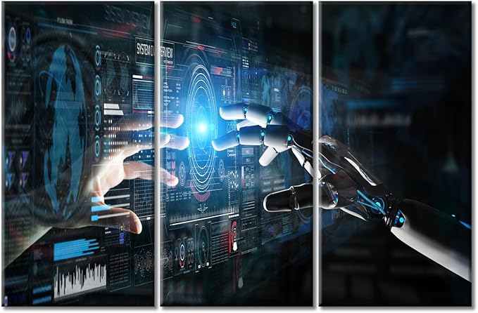 3 Pieces Virtual Network Wall Art Robot Hand and Human Hand Touching Posters Wall Art for Living Room Pictures Modern Artwork Print on Canvas Stretched and Framed Ready to Hang 60"Wx40"H