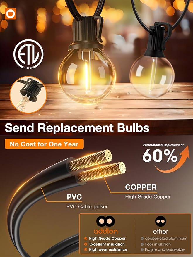addlon 100FT(2-Pack*50FT) Outdoor String Lights, G40 Globe LED Patio Lights Waterproof with 54 Shatterproof Bulbs(4 Spare), ETL Dimmable Outside Hanging Lights Connectable for Yard Garden Backyard
