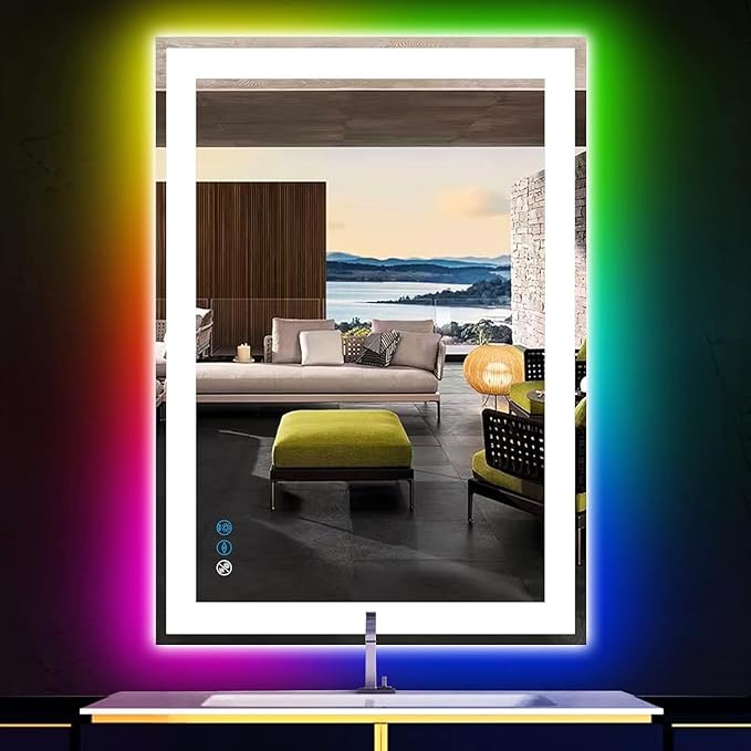 36 x 24 Inch Square LED Bathroom Mirror with Front Lights 3 Color + Rainbow RGB Backlit Light up Mirror for Bathroom Wall Mounted Lighted Vanity Mirror Anti Fog RGB 36x24 Smart Lighted Mirror