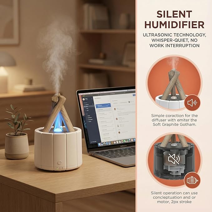 Aesthetic Campfire Essential Oil Diffuser, USB Rechargeable Wood Stack Humidifier with Remote, 7-Color Flame Light, Portable Aroma Diffuser for Home Office Decor, Unique Zen Gift (2, White, Black)