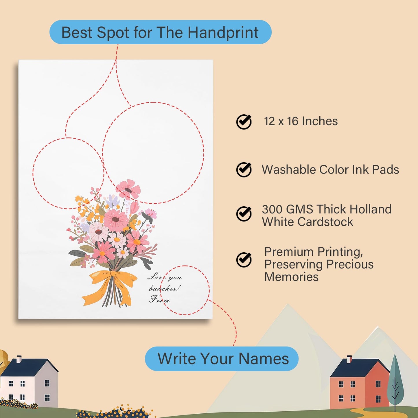 Bixinyo Flower Bouquet Handprint Kit, Mother's Day Gifts for Grandma, Mom, Grandparents from Daughter/Kids, Unique Gifts for Birthday Christmas, DIY Art Craft 12" X 16" Frame (Bow, Brown)