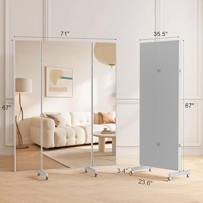 brisafe 71 W "x 67 L " Folding Mirror with Wheels, 3-Panel Full Length Wall Mirror, Space-Saving Design, Shatterproof Nano Material, Portable Floor Mirror for Gym, Dance Studio, Home, Commercial Use.