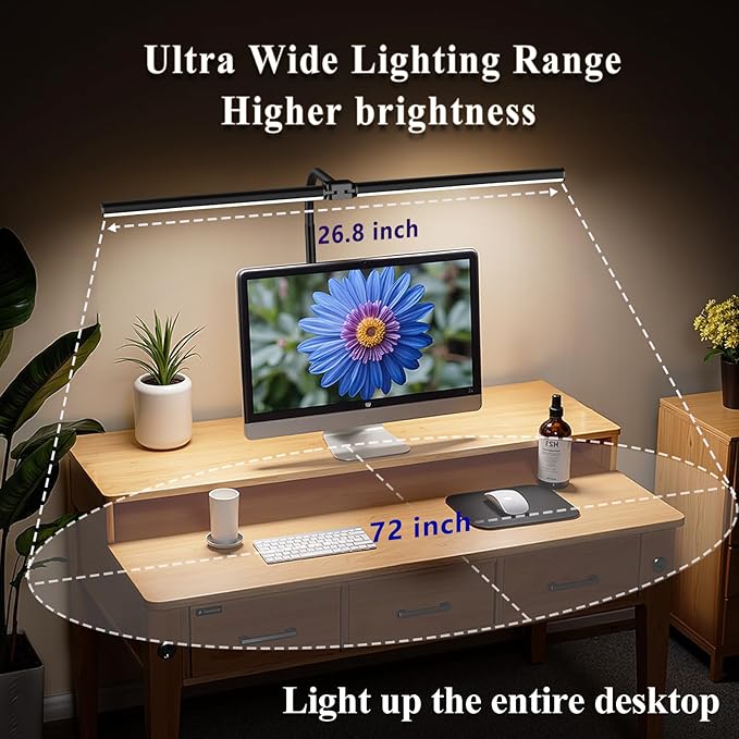 LED Desk Lamp for Home Office,Eye-Caring Desk Light with Reduced Blue Spectrum, Dual Screen Computer Monitor Table Light,30 Lighting Models,Adjustable Flexible Gooseneck Desk Lamp for Study