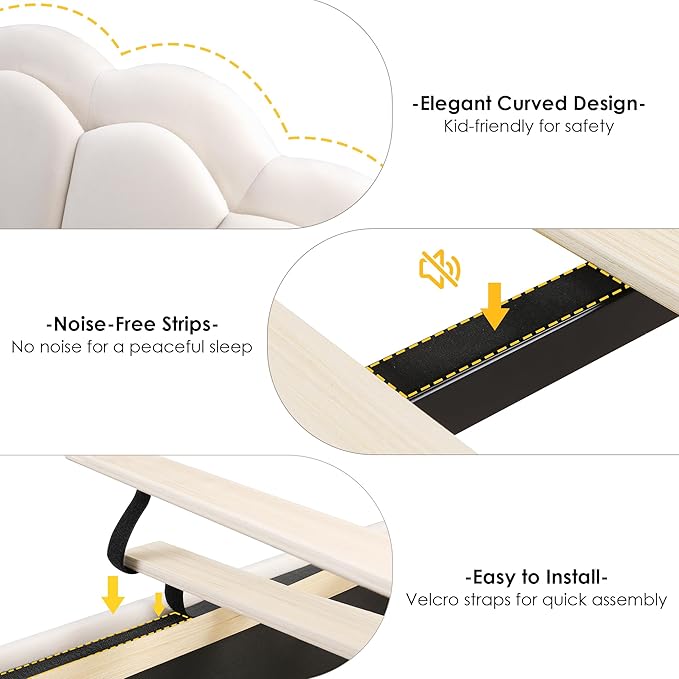 HIFIT Queen Upholstered Smart LED Bed Frame with Storage Drawers & Adjustable Chic Double Petal Headboard, Velvet Princess Platform Bed with Solid Wood Slat/No Box Spring Needed/Easy Assembly, Beige