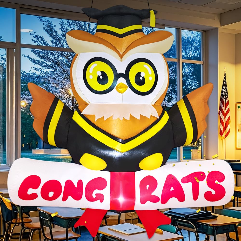KOOY 4FT Inflatable Graduation Decorations with LED Lights – Blow Up Graduation Yard Sign, Inflatable Graduation Owl Grad Decor for Party College, Perfect for Yard Event Decor