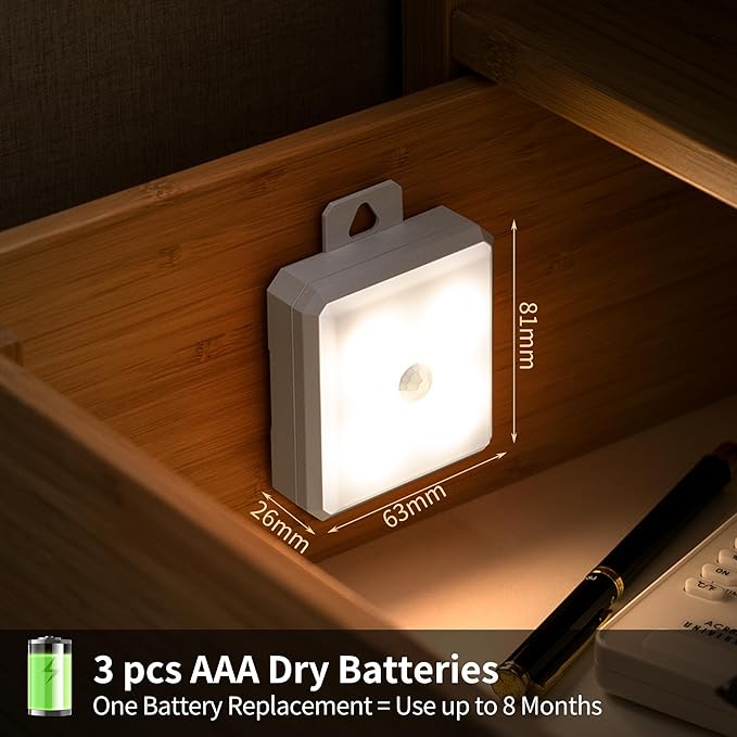 Motion Sensor Night Light Indoor - Cordless Battery Powered Under Cabinet Lighting, Stick-on Magnet LED Closet Lights, Safe Light for Stairs, 4000K Nightlight 3-Pack (White)