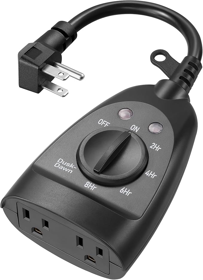 DEWENWILS Outdoor Timer Outlet Waterproof, Heavy Duty Outdoor Light Timer with Dusk to Dawn Sensor, 2 Grounded Outlets, 15A 125V 60Hz, Waterproof for String Lights, ETL Listed