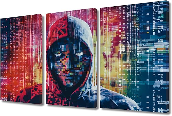 TUMOVO 3 Panel Modern Wall Art Hacker in Mask on Dark Background with Digital Effects Pictures Print on Canvas Wall Art for Home Office Wall Decorations Ready to Hang, 36" Wx24