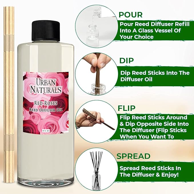 Urban Naturals Reed Diffuser Oil Refill Red Roses with White Peony, Cashmere Wood 8 oz + Free Reed Sticks, Made in the USA
