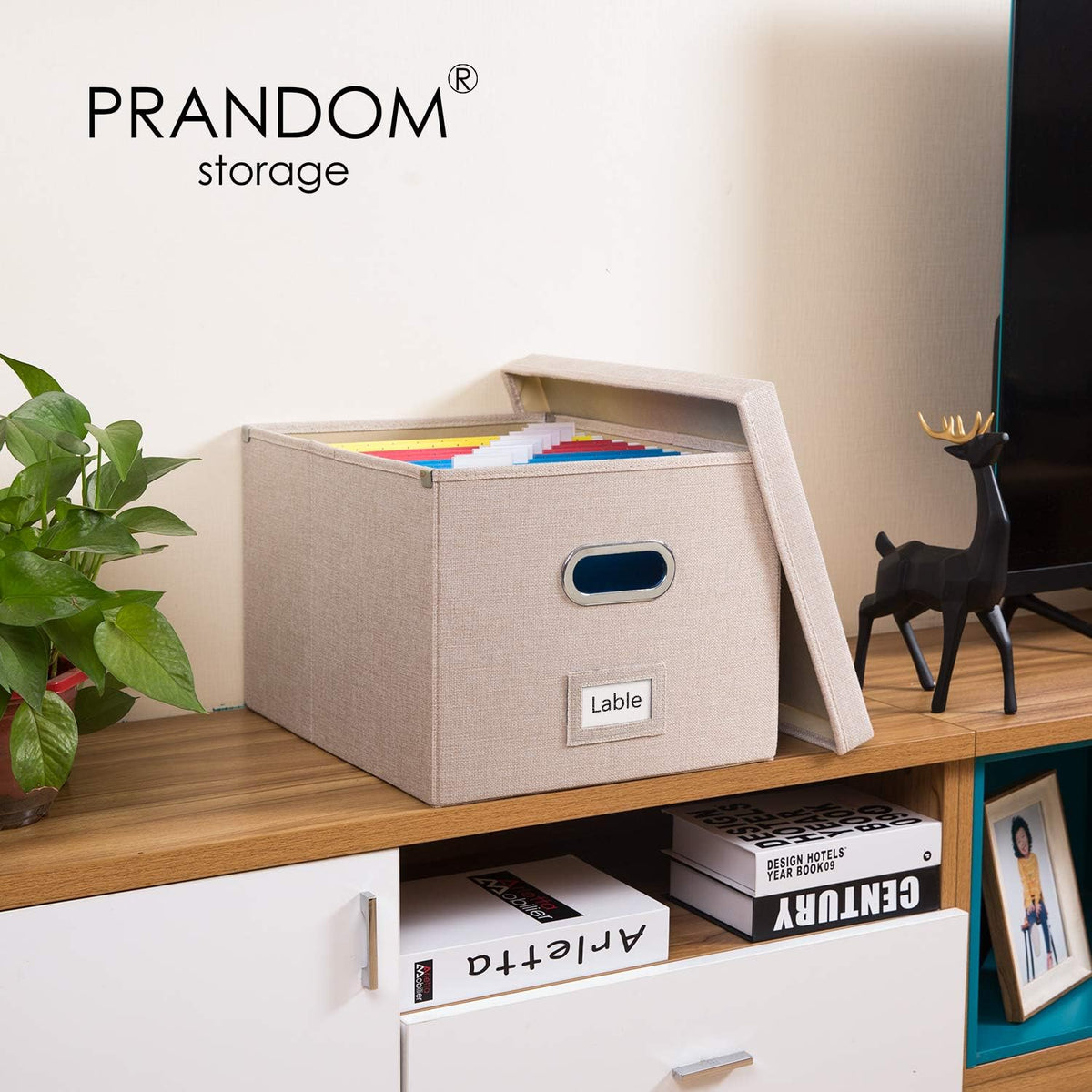 PRANDOM File Organizer Box - Set of 1 Collapsible Decorative Linen Filing Storage Hanging File Folders with Lids Office Cabinet Letter/Legal Size Light Grey (17x14x11.2 inch)