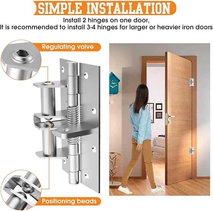 3in1-4 Inches Automatic Door Hinge, Heavy Duty Self-Closing Wooden Door Closer, Hardware Spring Hinge, Automatic Self Closing Door Hinges with Positioning 90 Degrees (Brushed Silver) (2, Silver)