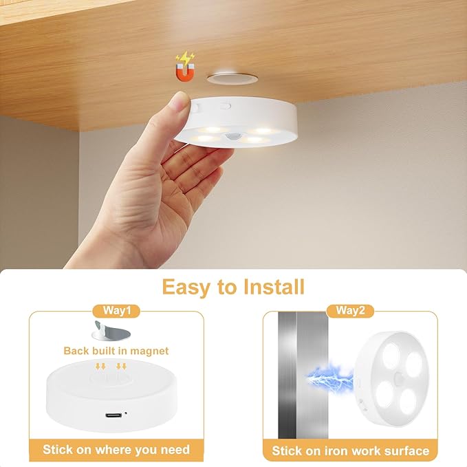 RGB Puck Lights with Remote & Motion Sensor – 1500mAh Rechargeable Under Cabinet Lighting for Kitchen, Closet & Stairs – 13 Colors, Magnetic Stick-On Lights, 4 Pack