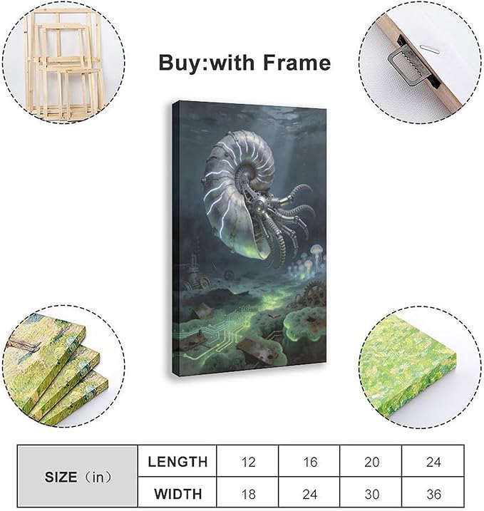 Framed Steampunk Mechanical Nautilus Wall Art - Underwater Industrial Poster for Man Cave Studio Decor 24x36inch(60x90cm)