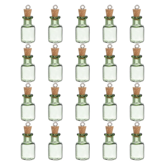 HARFINGTON 20 Pcs Mini Glass Bottles Jars, Square Small Cute Glass Jars Vials Pendants Small Vials Wishing Bottle with Cork Stoppers and Eye Screws for DIY Crafts Wedding Favors, Green