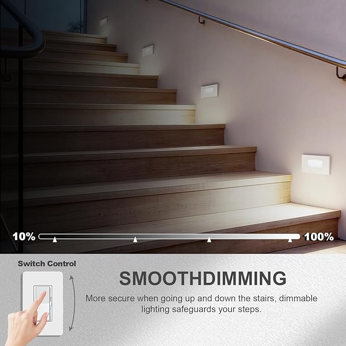 4-Pack Horizontal LED Step Lights, Color Adjustable (2700K-5000K), IP65 Waterproof, 3W 100LM, 120V Stair Lights Indoor Outdoor, 10%-100% Dimmable, White, ETL Certified