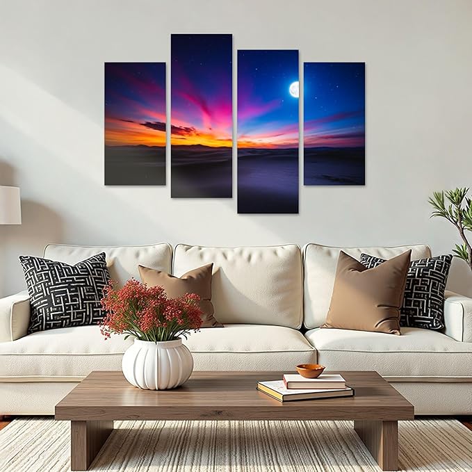 Canvas Wall Art Prints Pictures Moon sky Framed Posters Modern Wall Painting Artwork Gift Home Decor for Living Room Ready to Hang 4 Panel