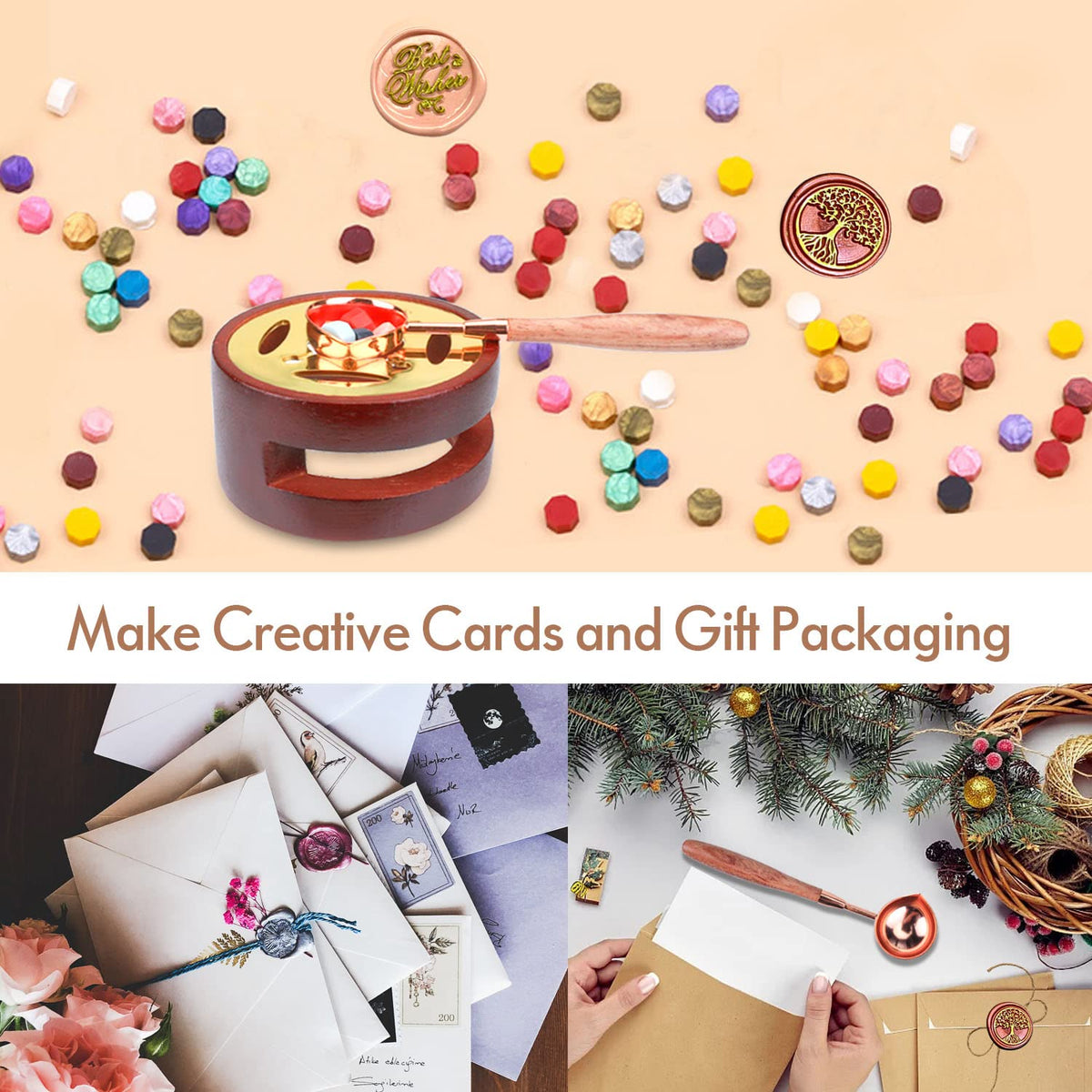 Aottom Wax Seal Stamp Kit with Gift Box, 24 Colors 650 Pcs Beads, Warmer, Envelopes, Candles, Stamp, Metallic Pen for Gift and Decoration