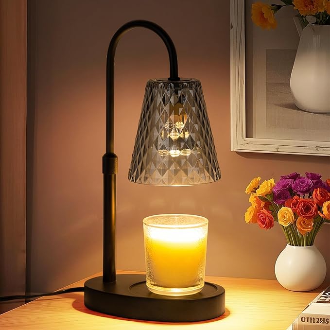 Candle Warmer Lamp with Timer: Electric Candles Warmers Adjustable Height Dimmable - Large Wax Candle Warmers Lamps Scented Flower Light - Home Decor Vintage Wood Base Shade Heat Modern Style Grey