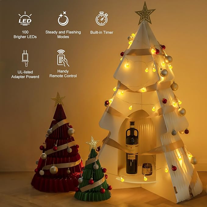 Minetom Globe String Lights - Plug in 33 ft 100 LED Crystal Globe Fairy Lights with 8 Lighting Modes and Remote for Patio Yard Porch Garden Pool Tent Beach Bedroom Wedding Party Decor, Warm White
