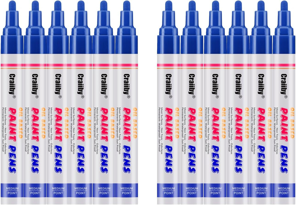 Blue Paint Markers, 12 Pack Oil-Based Waterproof Quick Dry Permanent Paint Pen Set for Rocks Painting, Wood, Fabric, Plastic, Canvas, Glass, Mugs, Metal, Tire, Stone, DIY Craft