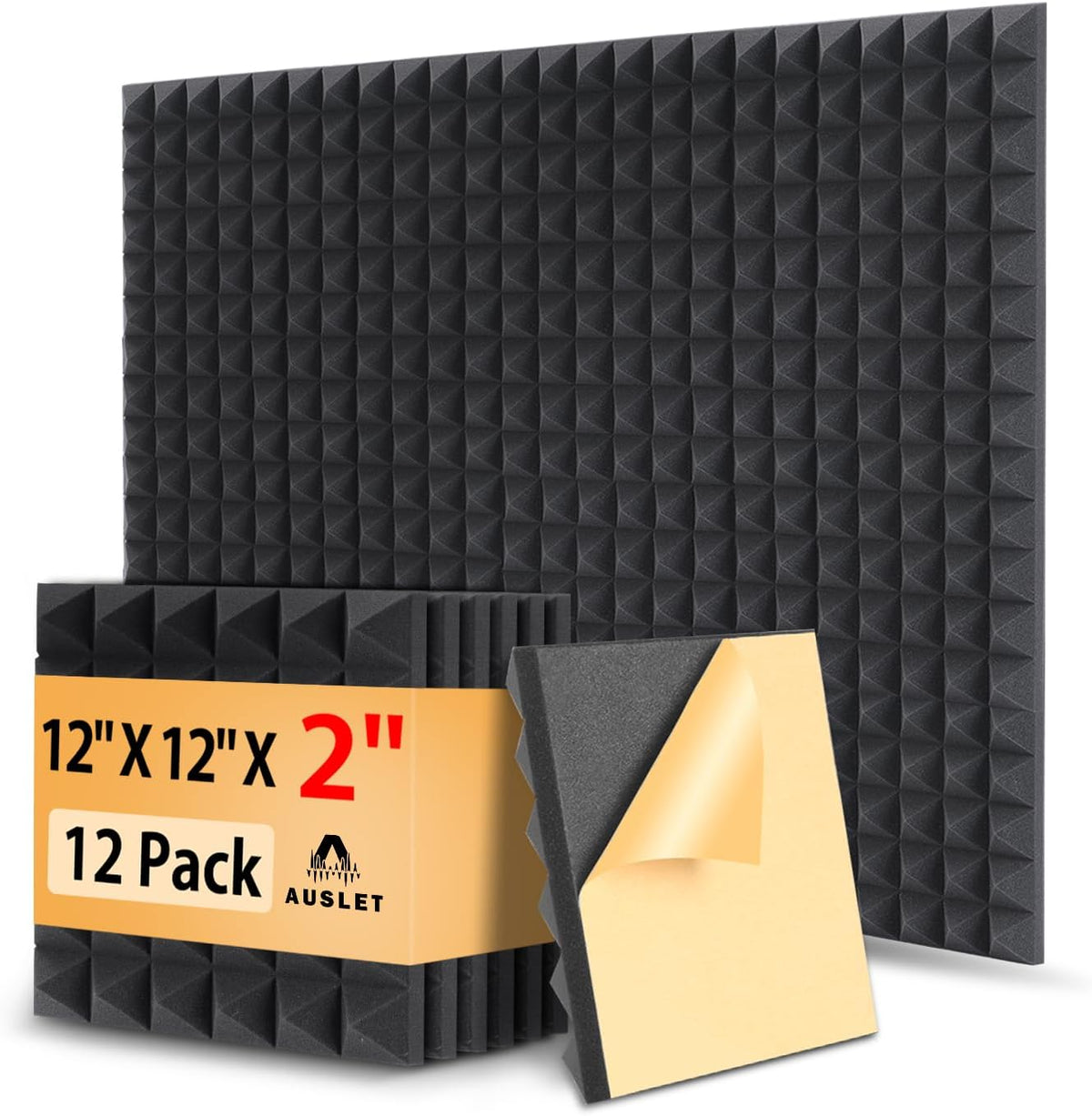 12 Pack Sound Proof Foam Panels for Walls 2" X 12" X 12" Pyramid Acoustic Foam Panels with Self-Adhesive High Density Sound-Absorbing and Soundproof Wall Panels