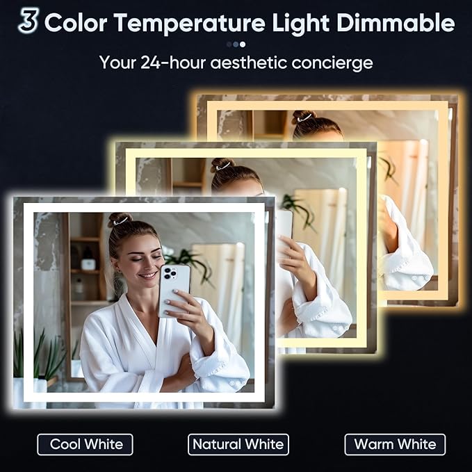 LED Bathroom Mirror, 40"x32" with Frontlit and Backlit Anti-Fog Mirror with Lights LED Vanity Mirror for Bathroom 3 Colors Temperature & Dimmable Bathroom Mirror with HD Tempered Glass