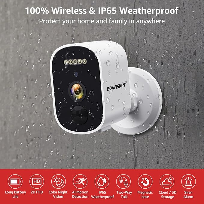 BOAVISION 2K Wireless Security Camera for Outdoor Home Security, AI Motion Detection, Color Night Vision, Spotlight, Waterproof, Battery Powered, Magnetic Mount, Cloud & SD Storage