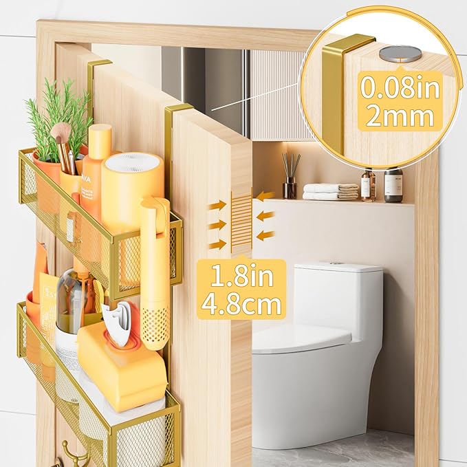 Over The Door Hooks Organizer,Coat Rack with 12 Hooks and 2 Mesh Baskets,Back of Door Storage Organizer for Bathroom,Bedroom,Kitchen,Office (Gold)