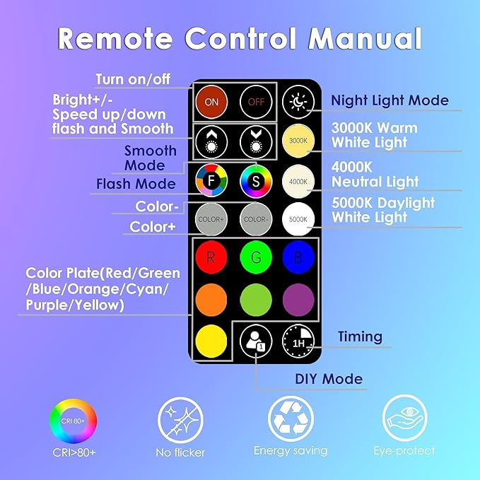 FTL R20 Color Changing Light Bulb with Remote Control, BR20 LED Bulb Dimmable RGB Colored Light Bulbs 7W=60W, 30 Colors, 2700K-6000K, Timer, Color Flood Light Bulbs for Recessed Can Lighting, 6-Pack