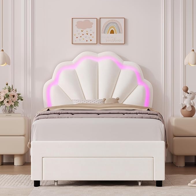 HIFIT Twin Upholstered Smart LED Bed Frame with Storage Drawer and Adjustable Chic Double Petal Headboard, Princess Platform Bed for Girls/Kids, Solid Wood Slat Support/No Box Spring Needed, Beige