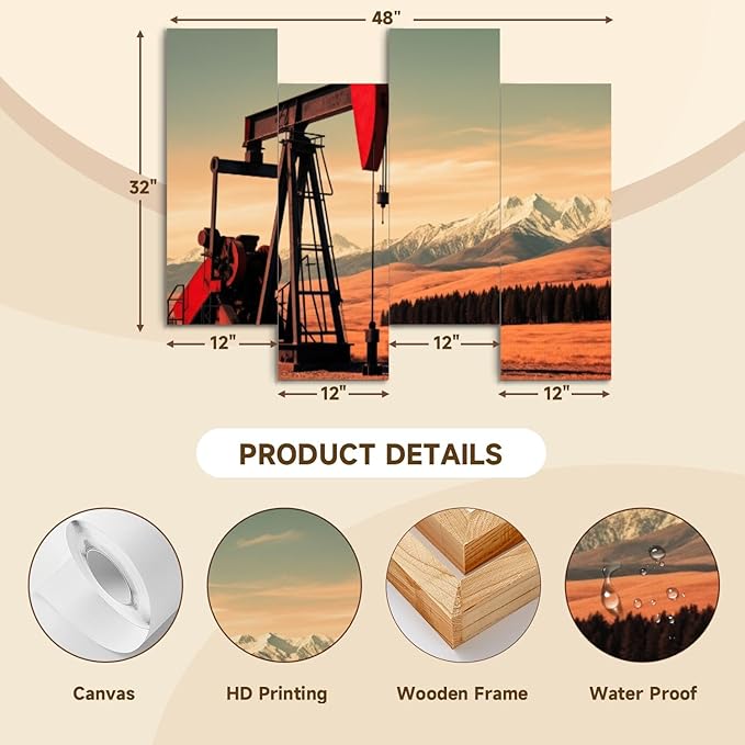 Canvas Wall Art Prints Pictures Oil Gas Pump Mountains Framed Posters Modern Wall Painting Artwork Gift Home Decor for Living Room Ready to Hang 4 Panel