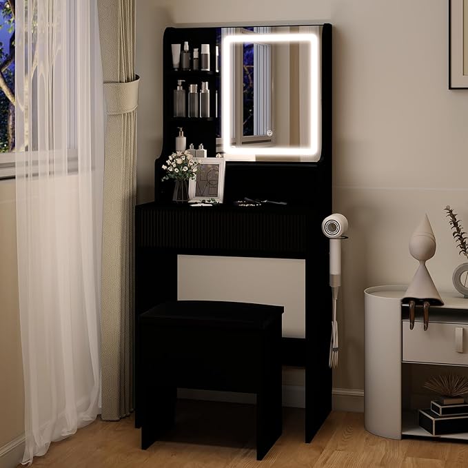 YOURLITE Fluted Makeup Vanity Desk with Mirror and Lights, 24" Small Vanity Table Set with LED Mirror & Stool, Dressing Table for Bedroom