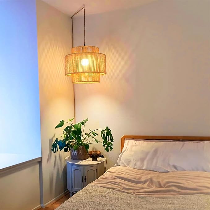 Plug in Pendant Light Hanging Lights with Plug in Cord Hanging Lamp Boho Rattan Dimmable Wicker Bamboo Woven Shade Hemp Rope Ceiling Light Fixture for Living Room Bedroom Kitchen