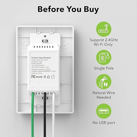 Smart WiFi in-Wall Outlet Switch 2 Individually Outlets Works with Timer Function Compatible with Alexa and Google Assistant BN-LINK