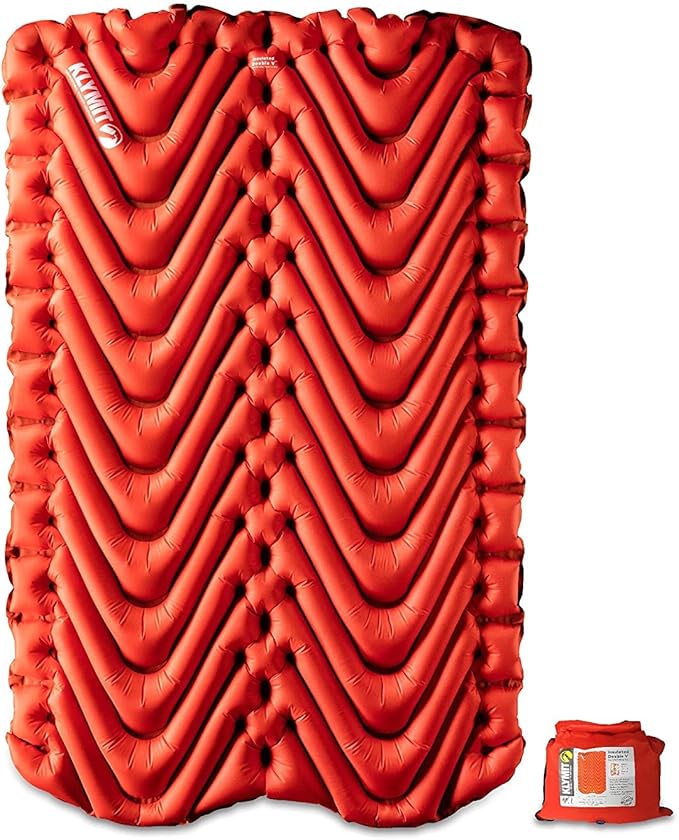 Klymit Insulated Double V Inflatable Sleeping Pad for Camping, Lightweight Hiking and Backpacking Air Bed for Cold Weather,Red & Static V Sheet, Sleeping Pad Cover, Green/Gray, Double