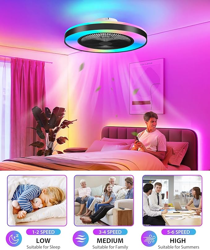 2-in-1 Low Profile Ceiling Fan with Light, 20” Caged Safety Design for Kids - RGB Color, Smart APP/Remote Control, Quiet Flush Mount DC Motor, Metal, Ideal for Bedroom/Living Room/Kitchen, Black