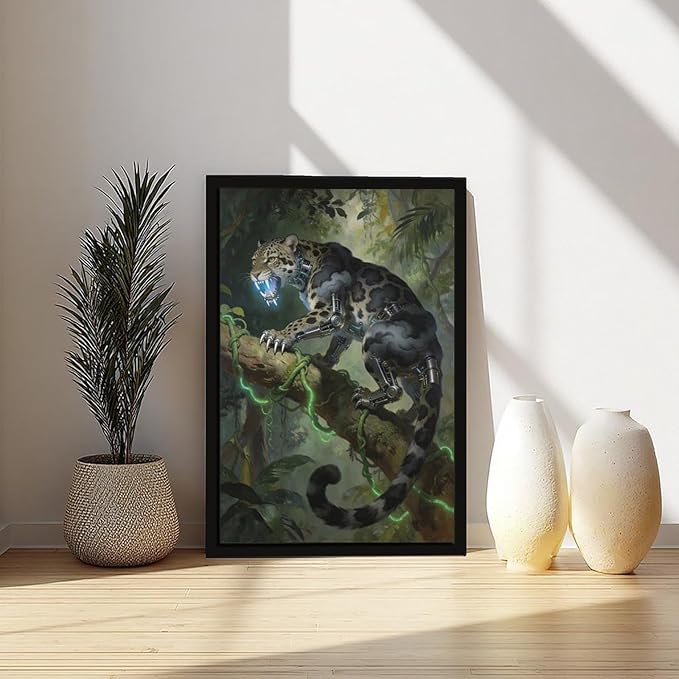 Framed Steampunk Mechanical Leopard Wall Art - Jungle Futuristic Beast Poster for Man Cave Living Room Decor 16x24in