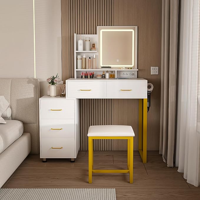 Makeup Vanity Desk with Mirror and Lights, Makeup Vanity Set with 5 Drawers, Upholstered Vanity Stool, Dressing Table for Bedroom, White and Yellow