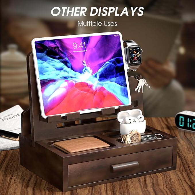 melafa365 Nightstand Organizer for Men,Phone Docking Station with Cable Management,Night Stand with Drawer,Bedside Organizer for Watches,Keys,Wallets,Gifts for Men(Brown)