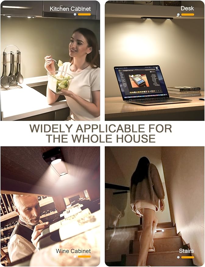 Under Cabinet Lights, Wireless Motion Sensor Light Indoor, Black 10in LED warm Lighting Rechargeable Battery Operated,4 Modes Night Light, Stick-On Magnetic Closet Lights for Kitchen, Hallway(2 Pack)
